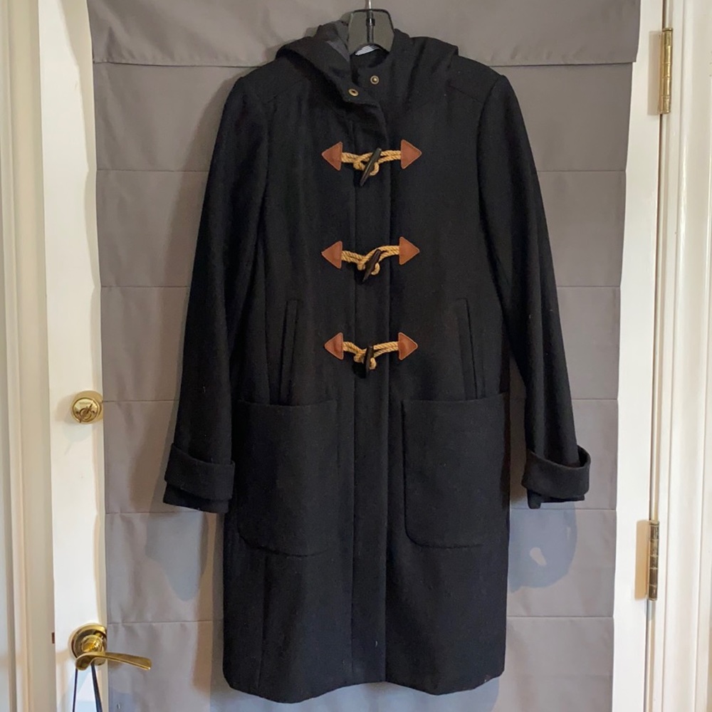 J. Crew Black Toggle Coat with Brown Accents